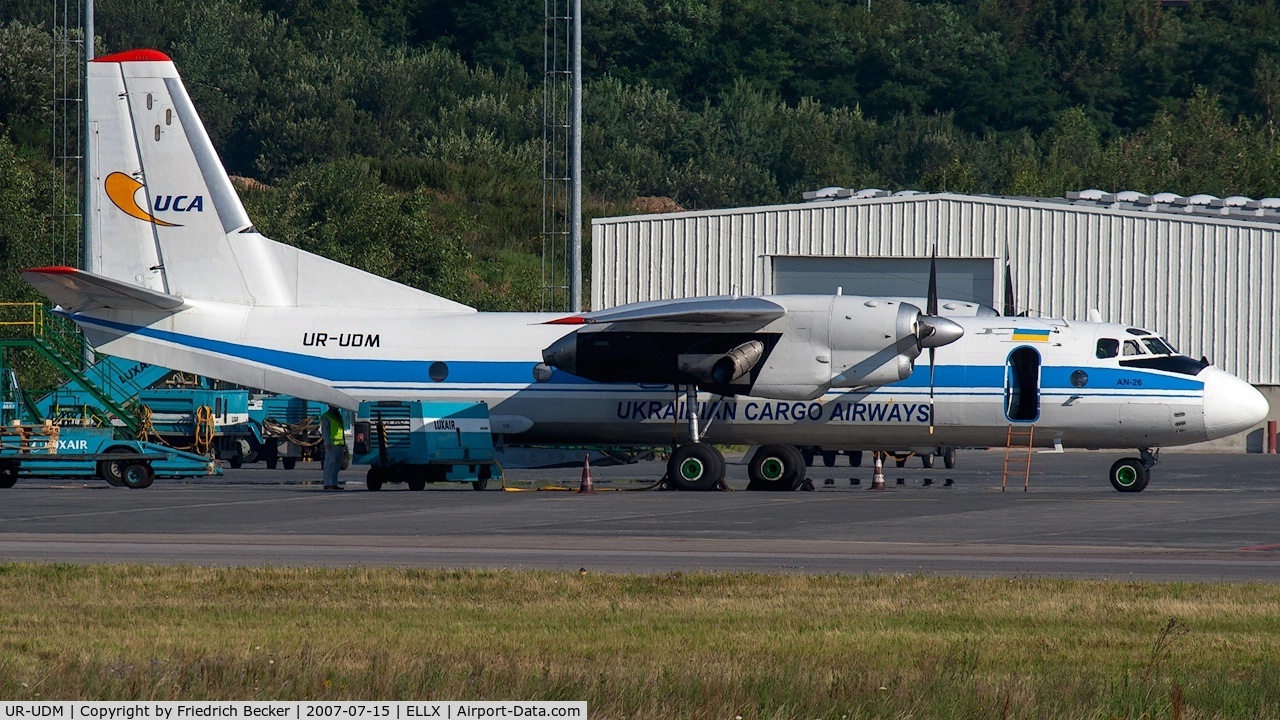 UR-UDM, 1973 Antonov An-26B C/N 0909, parked at the cargo center at LUX