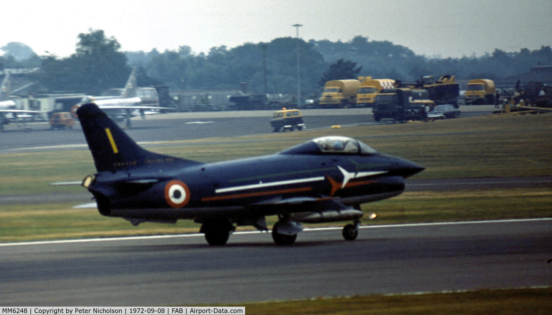 MM6248, Fiat G-91PAN C/N 14, Fiat G-91PAN number 1 of the Italian Air Force's Frecce Tricolori flight demonstration team in action at the 1972 Farnborough Airshow.