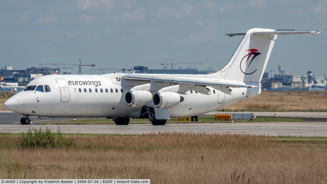 D-AHOI, 1990 British Aerospace BAe.146-300A C/N E3187, line up for departure from Frankfurt via RW18W