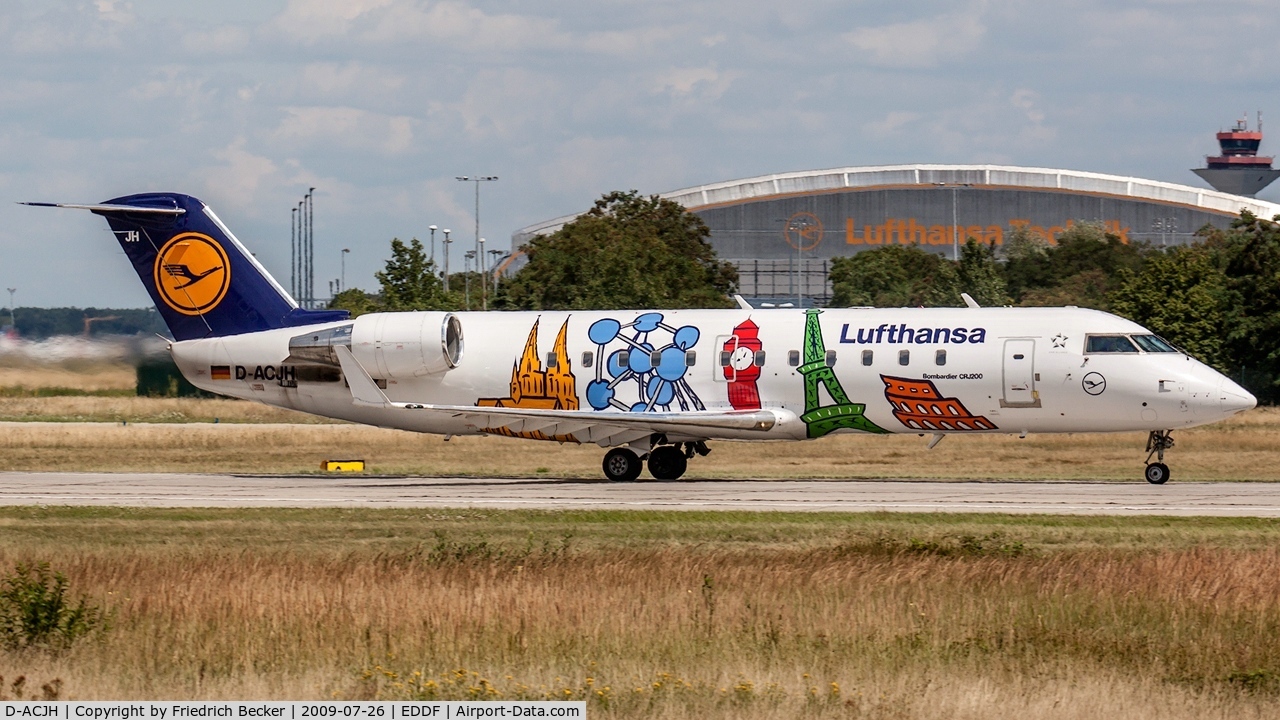 D-ACJH, 1998 Canadair CRJ-200LR (CL-600-2B19) C/N 7266, departure from Frankfurt via RW18W