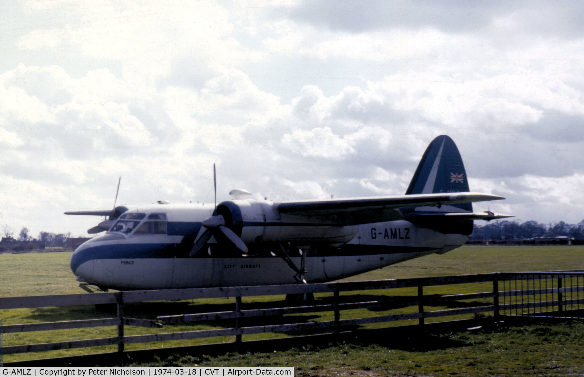 G-AMLZ, Percival P-50 Prince 6E C/N P50-46, Percival Prince of City Airways as seen at Coventry in the Spring of 1974.