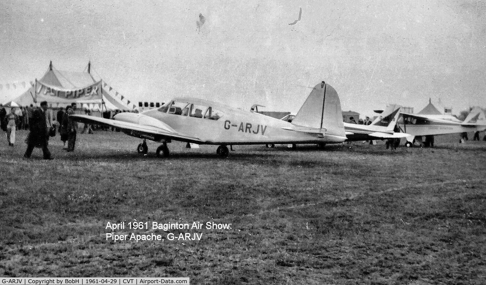G-ARJV, 1961 Piper PA-23-160 Apache C/N 23-1985, G-ARJV outside Piper's sales tent at Baginton in April 1961.