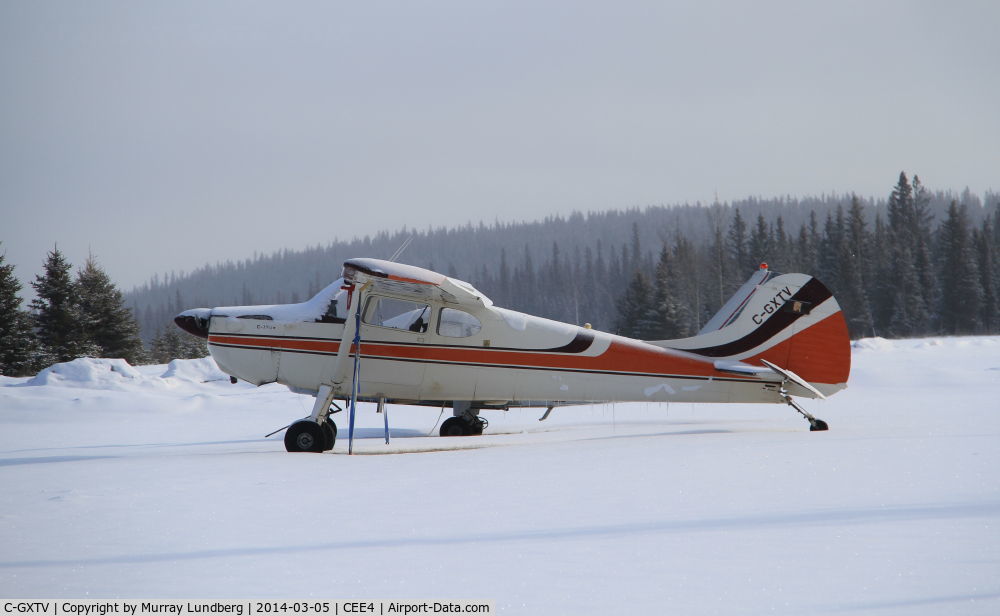 C-GXTV, 1952 Cessna 170B C/N 20878, Tied down at the Hinton-Entrance airport, Alberta. The grass field, at 3450 ft. elevation, is operated by the Hinton Flying Club.