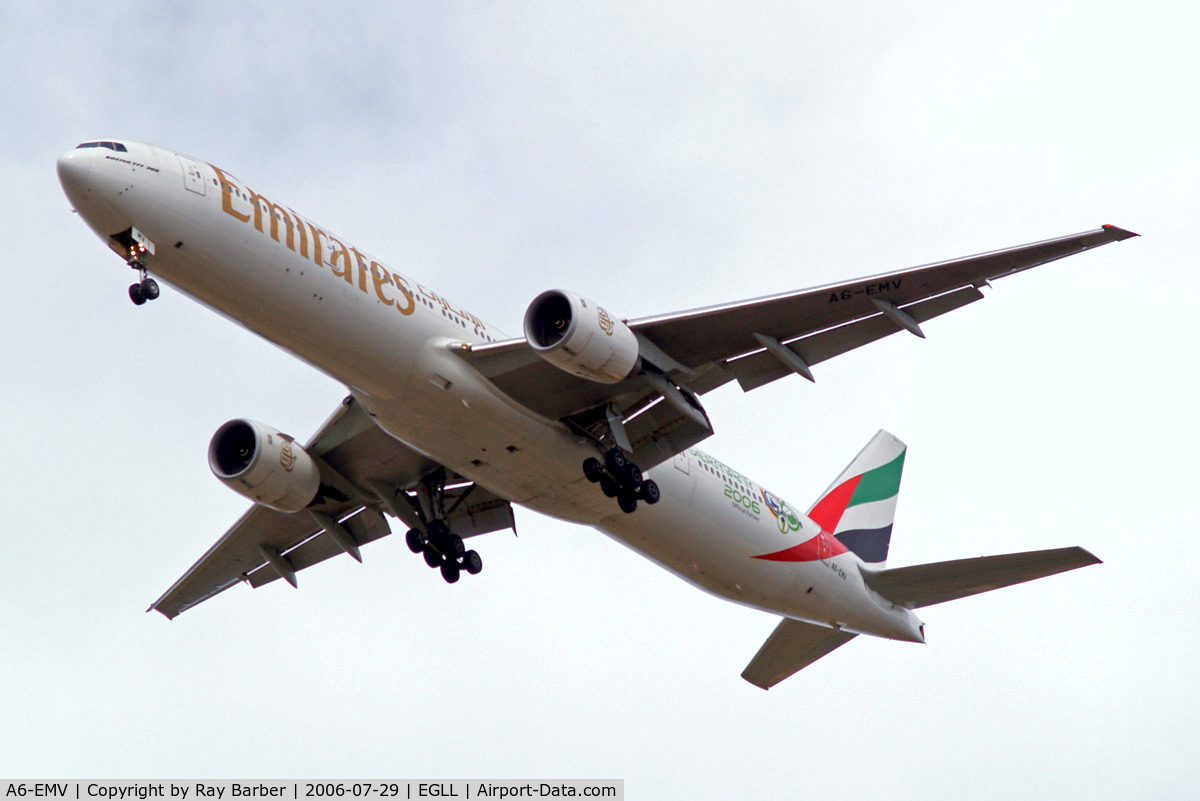 A6-EMV, 2003 Boeing 777-31H C/N 28687, Boeing 777-31H [29687] (Emirates Airlines) Home~G 29/07/2006. On approach 27R.