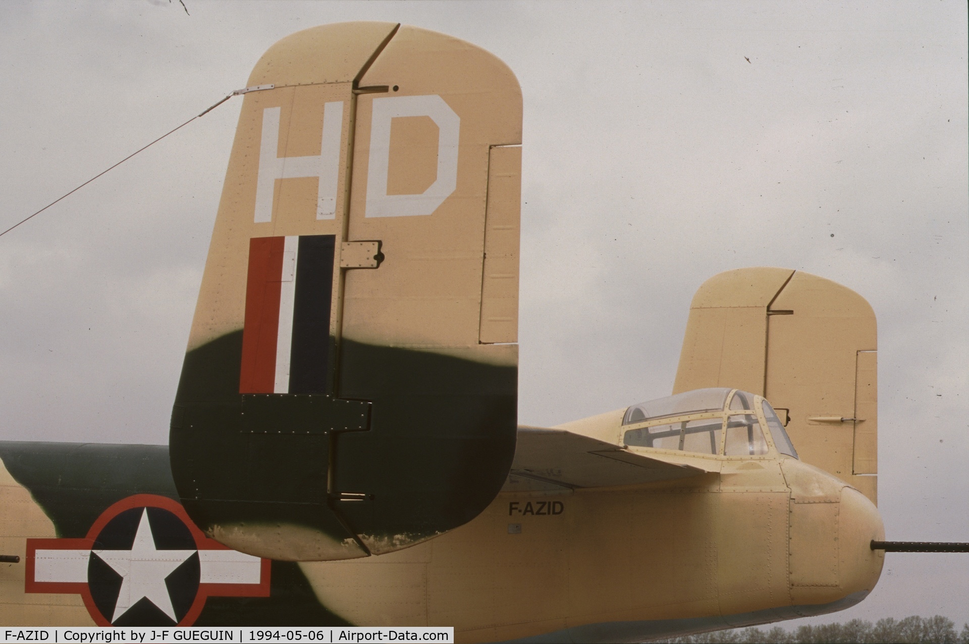 F-AZID, 1945 North American B-25J Mitchell Mitchell C/N 108-47562, On display at Paris-Le Bourget Airport (1er Salon de l'Aviation Ancienne); this type of US star was in use between june and september 1943 (worn together with British tail pennant).