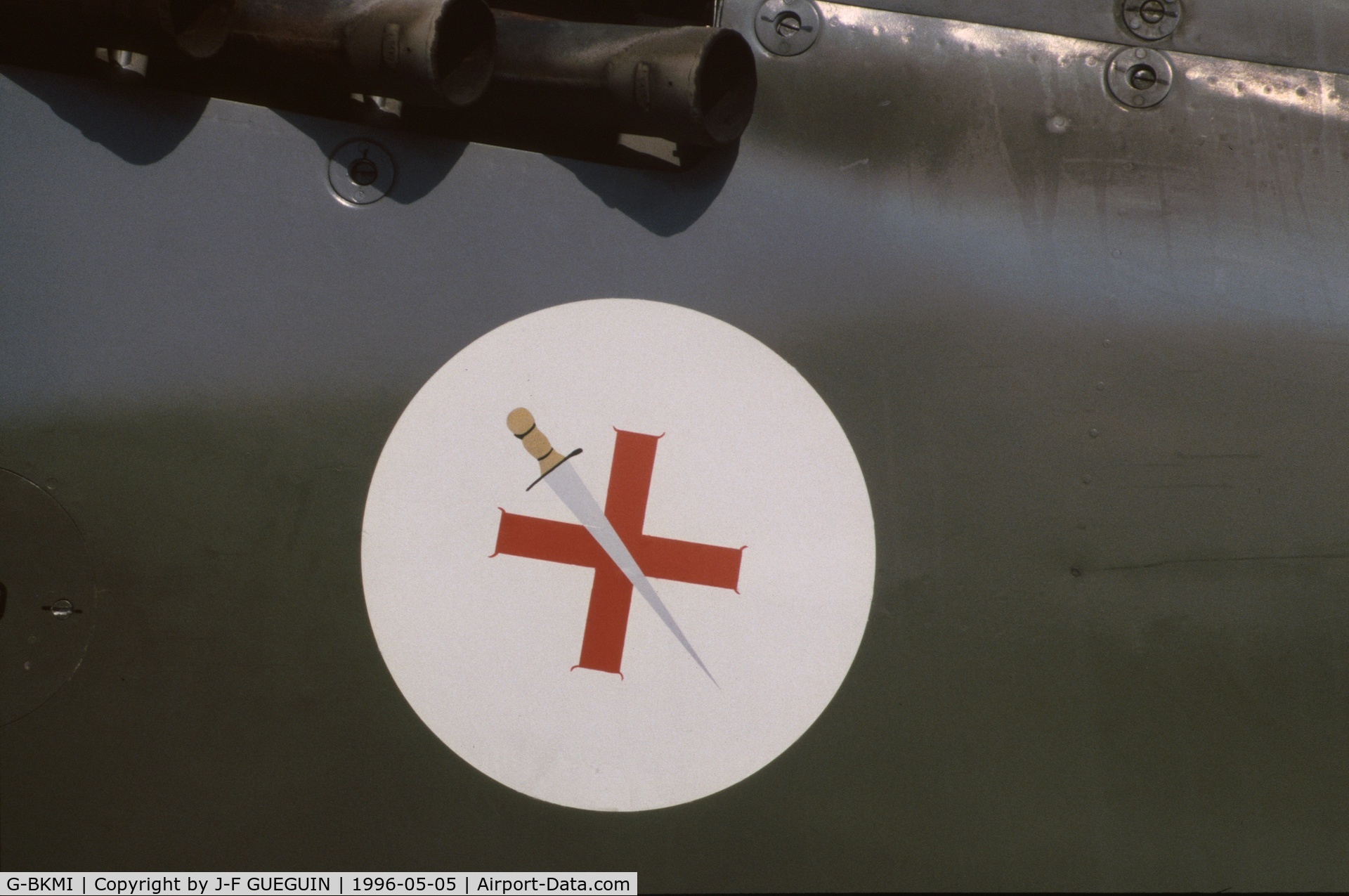 G-BKMI, 1944 Supermarine 359 Spitfire HF.VIIIc C/N 6S/583793, On display at Paris-Le Bourget Airport (Salon des Avions de Légende, 1996); badge of RAF 145 squadron.