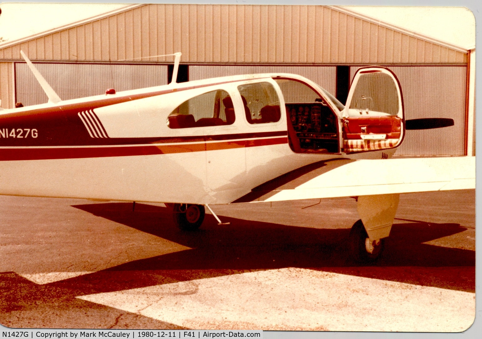 N1427G, 1962 Beech P35 Bonanza C/N D-6903, P35 Bonanza N1427G at Poplawski Aircraft Paint in Ennis, TX (1980). First roll-out after fresh paint.
