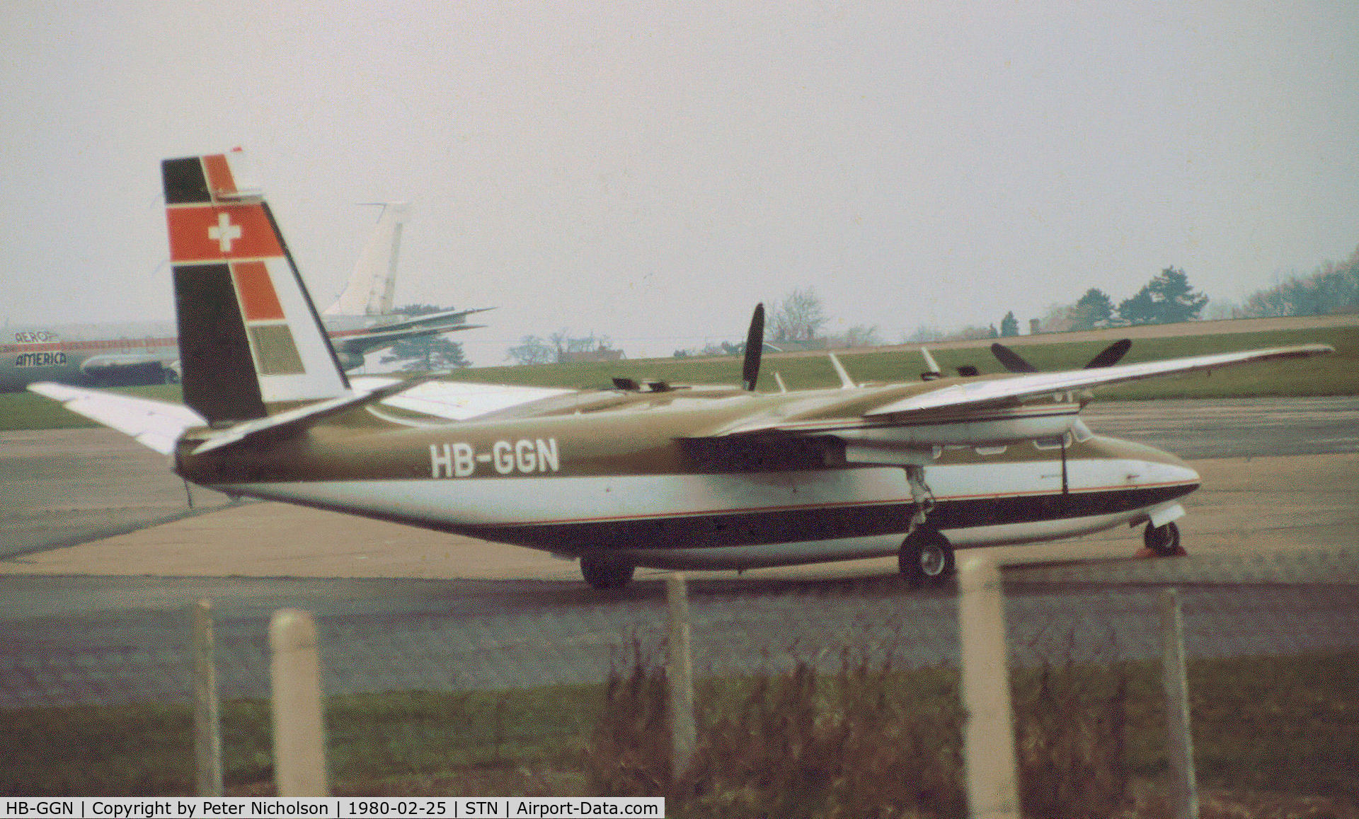 HB-GGN, 1973 Aero Commander 685 C/N 12027, Aero Commander 685 visiting Stansted in February 1980.