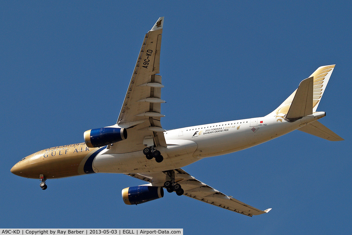 A9C-KD, 1999 Airbus A330-243 C/N 287, A9C-KD   Airbus A330-243 [287] (Gulf Air) Home~G 03/05/2013. On approach 27R . Wearing 2013 Grand Prix titles.