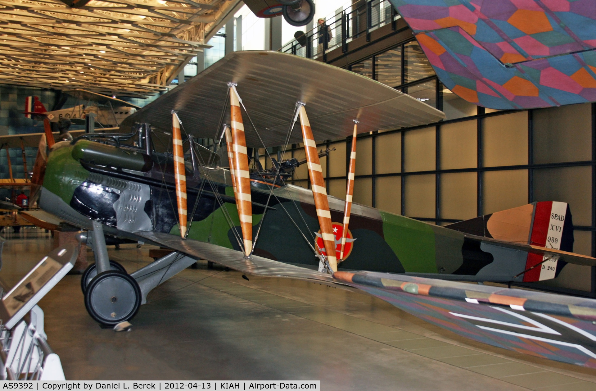 AS9392, 1918 SPAD XVI C/N 959, The model XVI was a two-seat reconnaissance version of the venerable SPAD fighter.  Though this was an undistinguished aircraft, the particular example is noteworthy as General Billy Mitchell piloted the machine at the end of WWI.