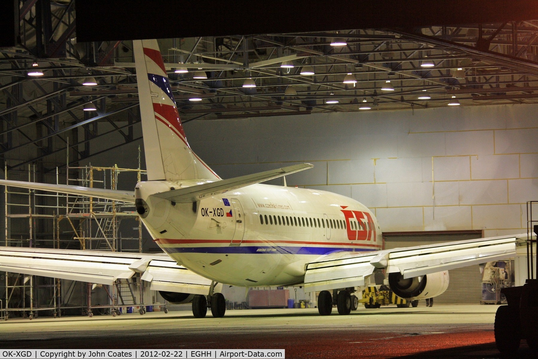 OK-XGD, 1992 Boeing 737-55D C/N 26542/2337, Night arrival into paintshop