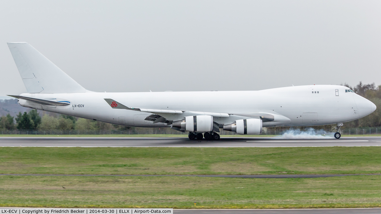 LX-ECV, 2009 Boeing 747-4HQF C/N 37303, decelerating after touchdown on RW24