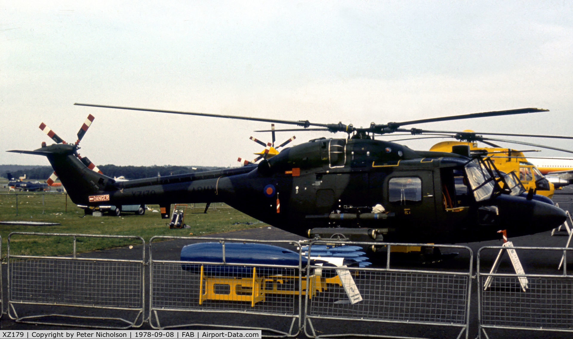 XZ179, 1978 Westland Lynx AH.1 C/N 047, Lynx AH.1 on display at the 1978 SBAC Farnborough Airshow.