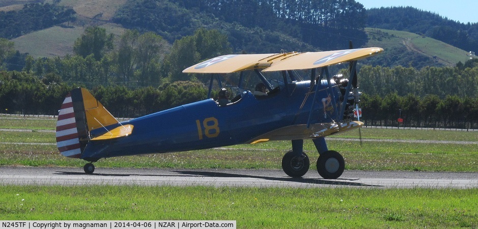 N245TF, 1942 Boeing PT-17 Kaydet (A75N1) C/N 75-4245, Now registered as ZK-PJS but still wearing its former ID under rear tail.