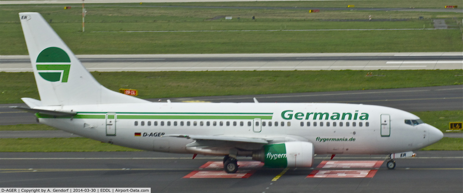 D-AGER, 1998 Boeing 737-75B C/N 28107, Germania, is here on the way to RWY 23L at Düsseldorf Int'l(EDDL)