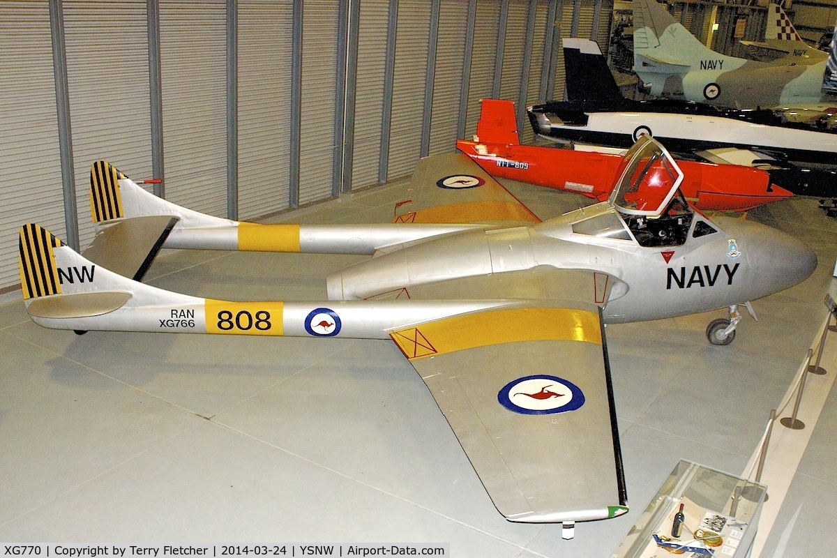 XG770, 1954 De Havilland DH-115 Sea Vampire T.22 C/N 15645, Painted as XG776 and displayed at the Australian Fleet Air Arm Museum,  a military aerospace museum located at the naval air station HMAS Albatross, near Nowra, New South Wales