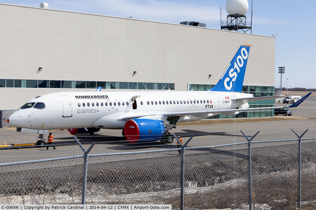 C-GWXK, 2013 Bombardier CSeries CS100 (BD-500-1A10) C/N 50004, Bombardier CSeries newest test bird FTV4 towed back into the hanger after having been outside on this beautiful spring day.