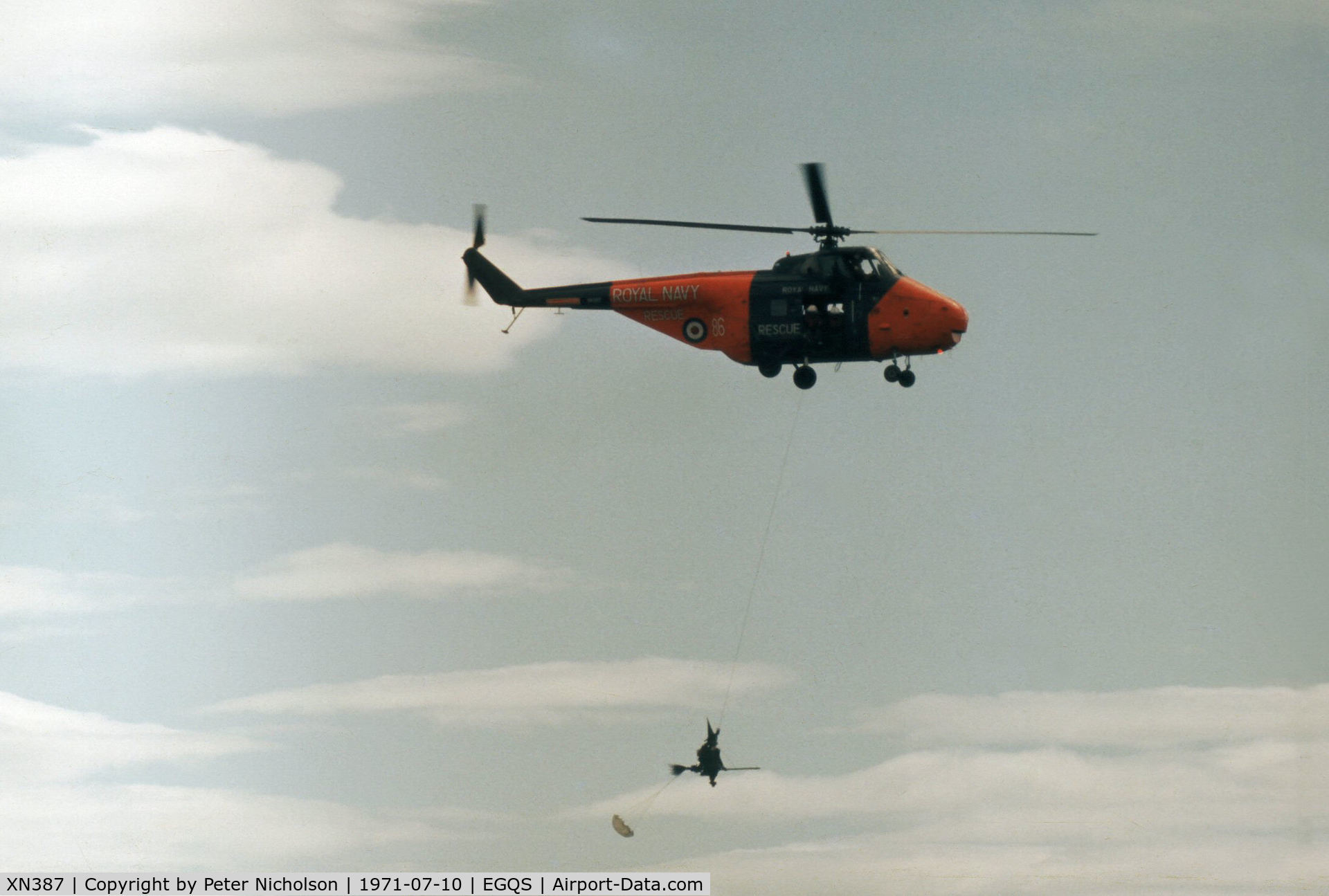 XN387, 1960 Westland Whirlwind HAR.9 C/N WA317, Whirlwind HAR.9 in action opening the flying display at the 1971 RNAS Lossiemouth Airshow.