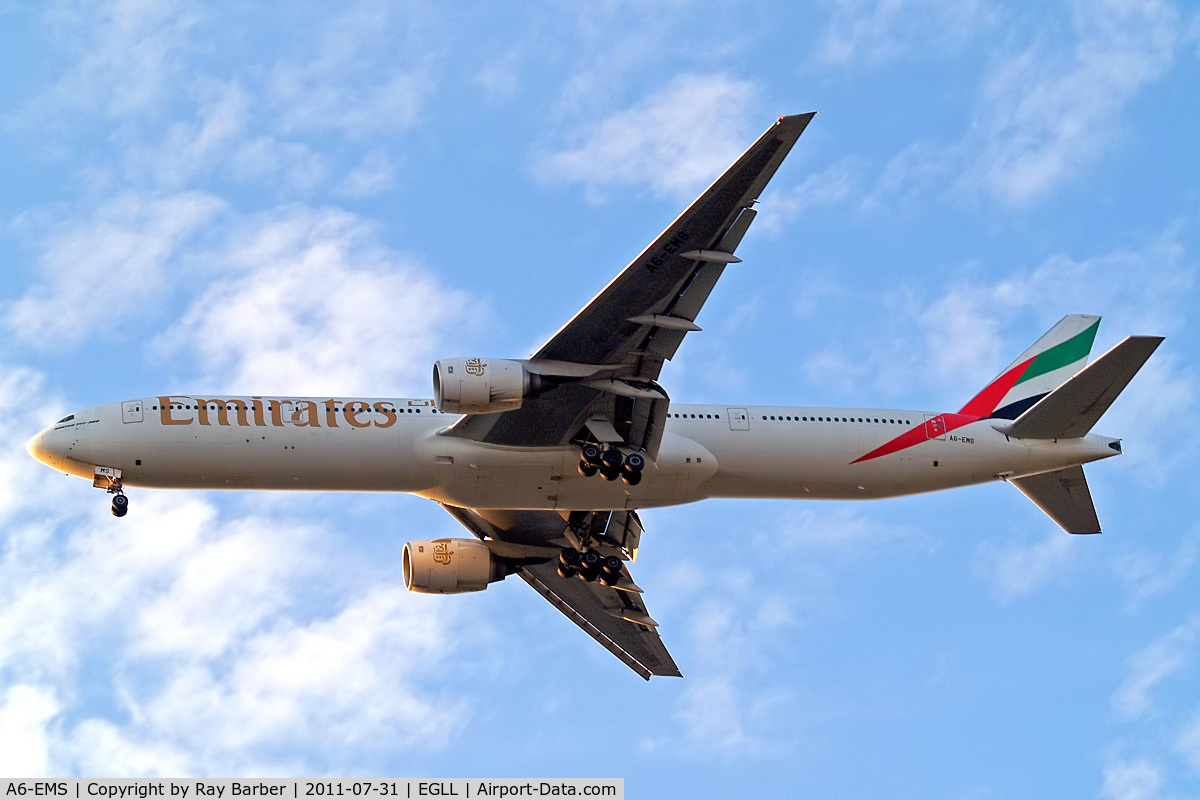 A6-EMS, 2002 Boeing 777-31H C/N 29067, Boeing 777-31H [29067] (Emirates Airlines) Home~G 31/07/2011. On approach 27R.
