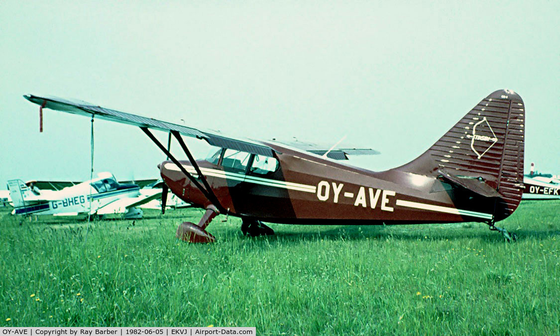 OY-AVE, 1949 Stinson 108-3 Voyager C/N 108-4874, Stinson 108-3 Voyager [108-4874] Stauning~OY 05/06/1982. Taken from a slide.