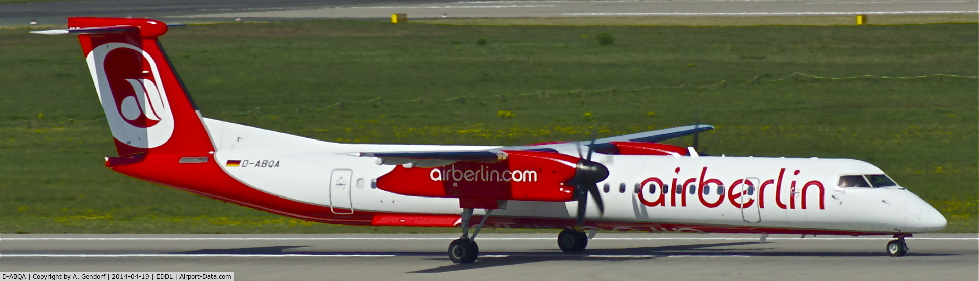 D-ABQA, 2008 De Havilland Canada DHC-8-402Q Dash 8 C/N 4223, Luftfahrtgesellschaft Walter (Air Berlin cs.), is here on RWY 05R at Düsseldorf Int'l(EDDL)