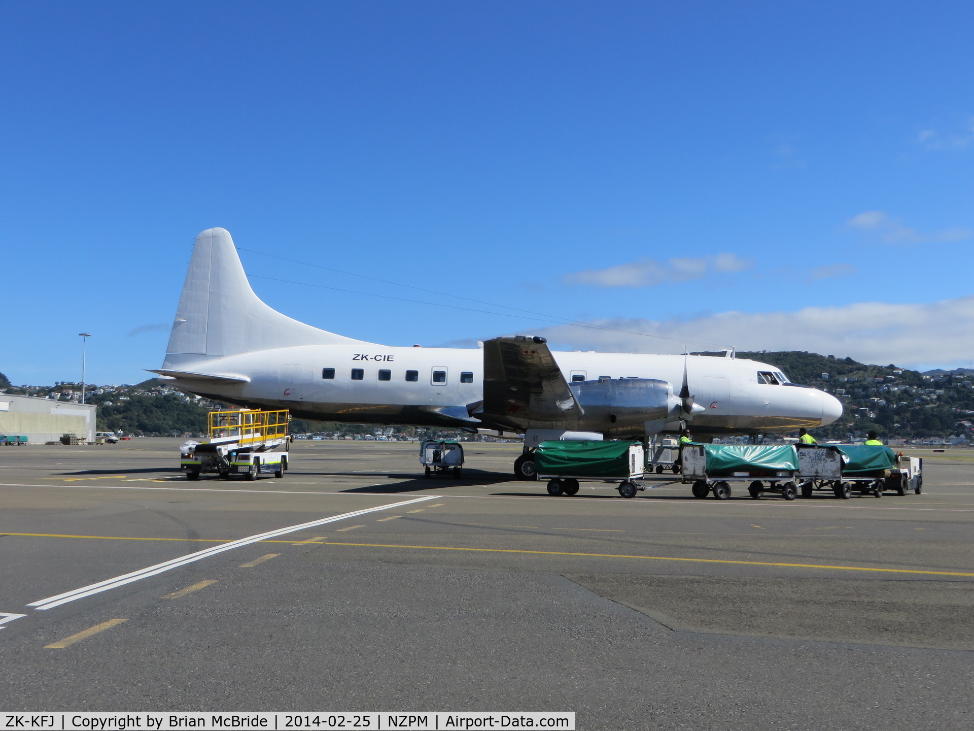 ZK-KFJ, Convair 580/F C/N 114, Air Freight NZ. Convair 580F. ZK-KFJ cn 114. Palmerston North (PMR NZPM). Image © Brian McBride. 25 February 2014