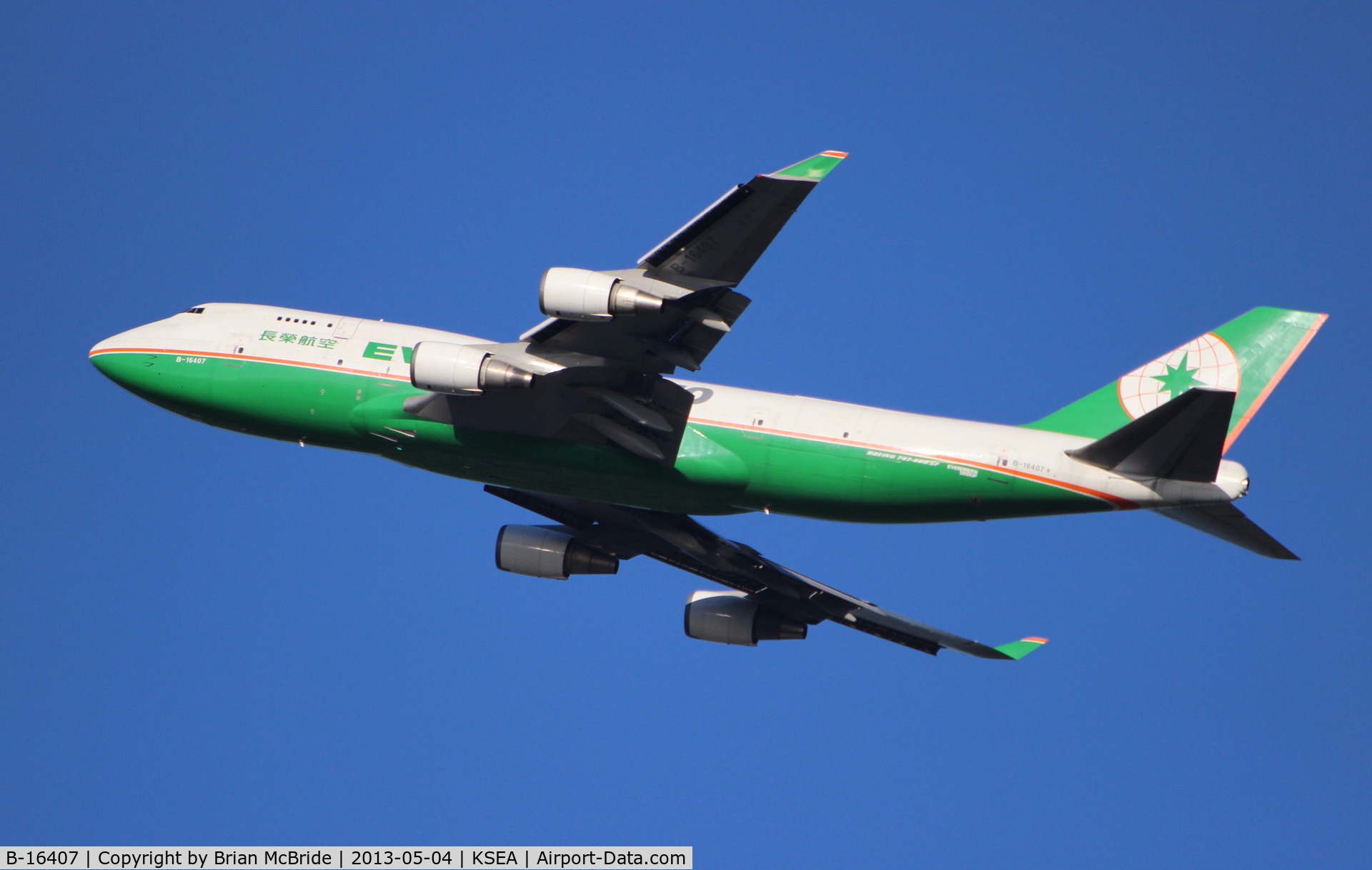 B-16407, 1995 Boeing 747-45E C/N 27899, EVA Air Cargo. 747-45EBDSF. B-16407 cn 27899 1053. Seattle Tacoma - International (SEA KSEA). Image © Brian McBride. 04 May 2013