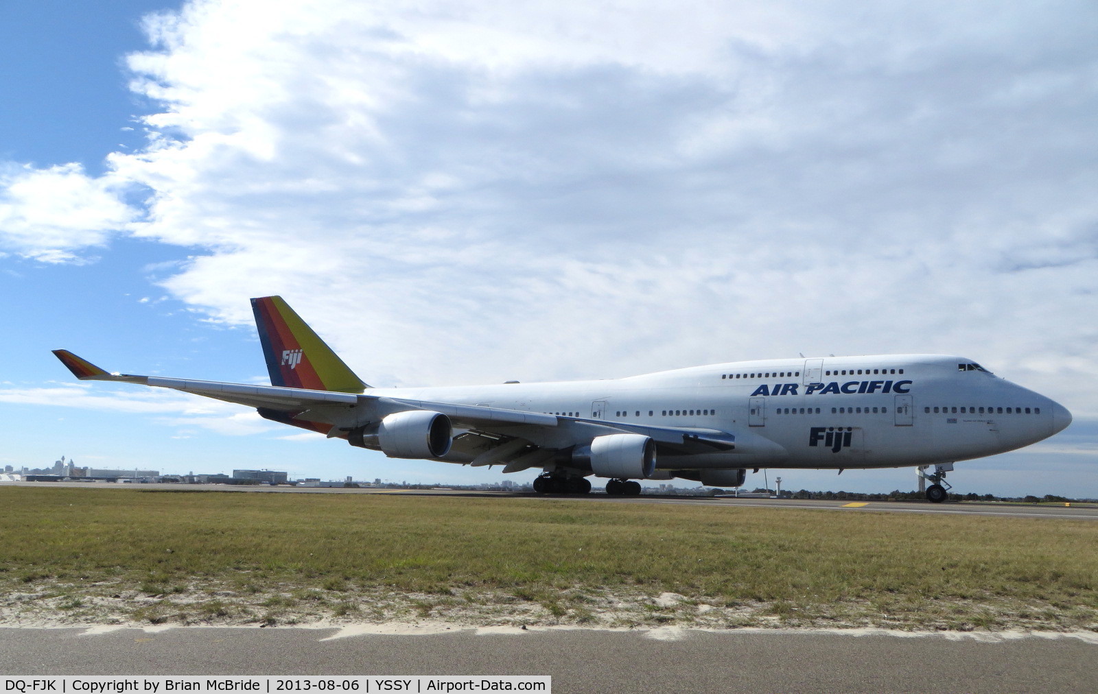 DQ-FJK, 1989 Boeing 747-412 C/N 24064, Air Pacific. 747-412. DQ-FJK cn 24064 755. Sydney - Kingsford Smith International (Mascot) (SYD YSSY). Image © Brian McBride. 06 August 2013