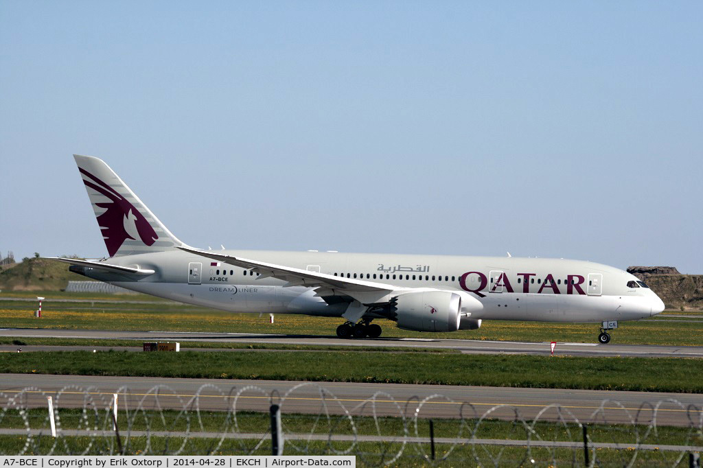 A7-BCE, 2013 Boeing 787-8 Dreamliner C/N 38323, A7-BCE taking off on rw 22R.