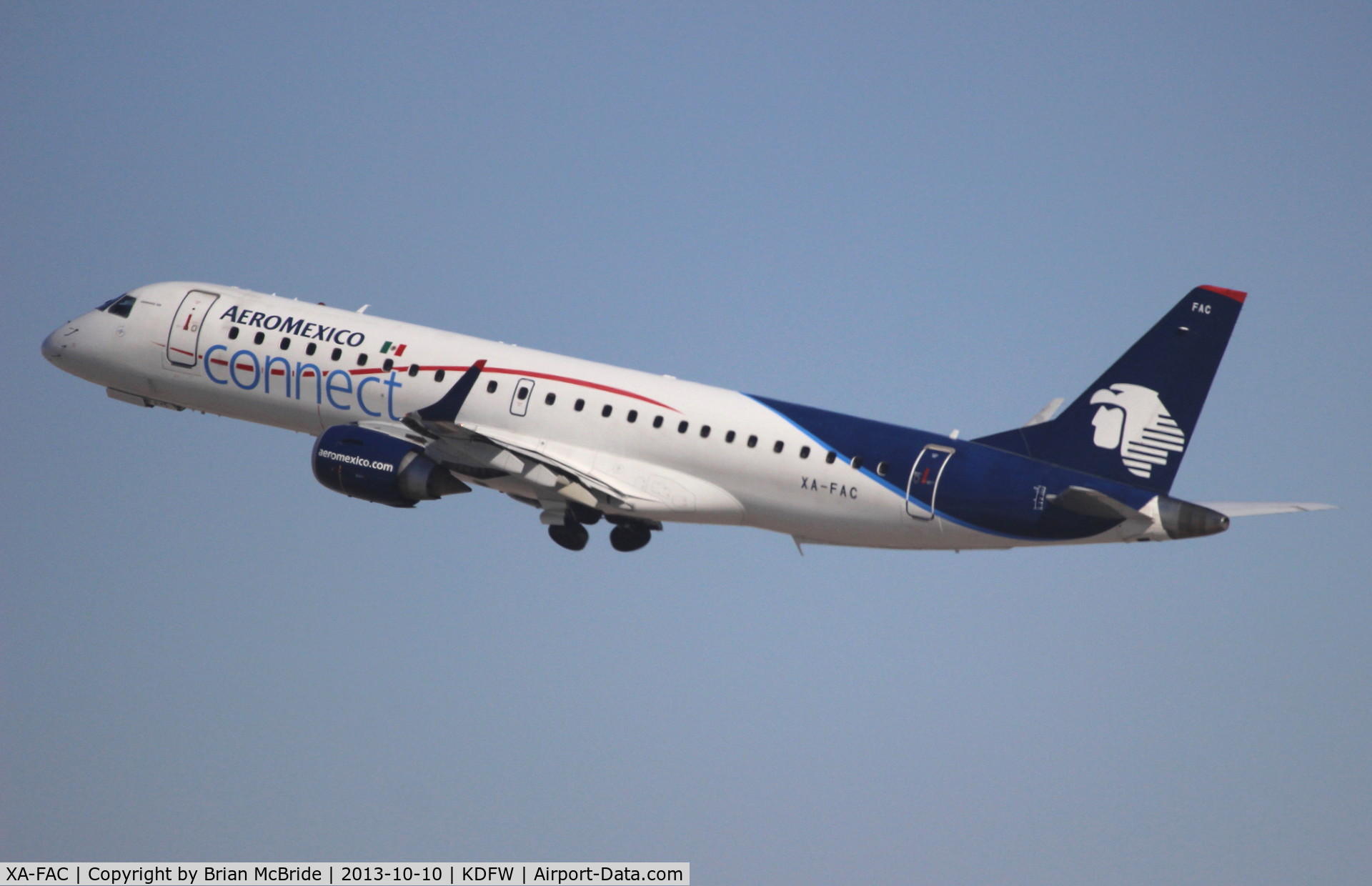 XA-FAC, 2007 Embraer 190AR (ERJ-190-100IGW) C/N 19000234, AeroMexico Connect. Embraer ERJ-190-100IGW 190AR. XA-FAC cn 19000234. Dallas - Fort Worth - International (DFW KDFW). Image © Brian McBride. 10 October 2013