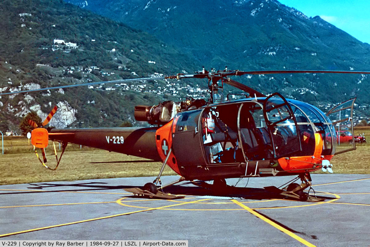 V-229, F+W Emmen SE-3160 Alouette III C/N 105/1051, Sud Aviation SE.3160 Alouette III [105] (Swiss Air Force) Locarno~HB 27/09/1984. Taken from a slide.
