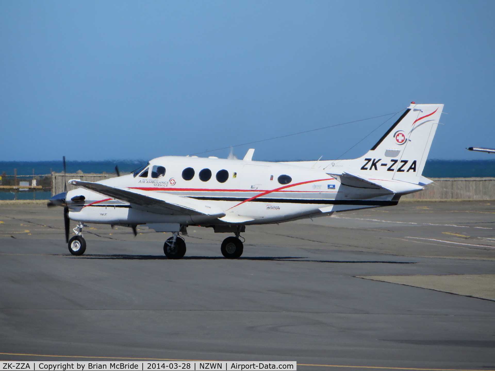 ZK-ZZA, 1995 Beech C90A King Air C/N LJ-1407, Skyline Aviation Limited. Beech C90A King Air. ZK-ZZA cn LJ-1407. New Zealand Air Ambulance Service. Wellington - International (WLG NZWN). Image © Brian McBride. 28 March 2014