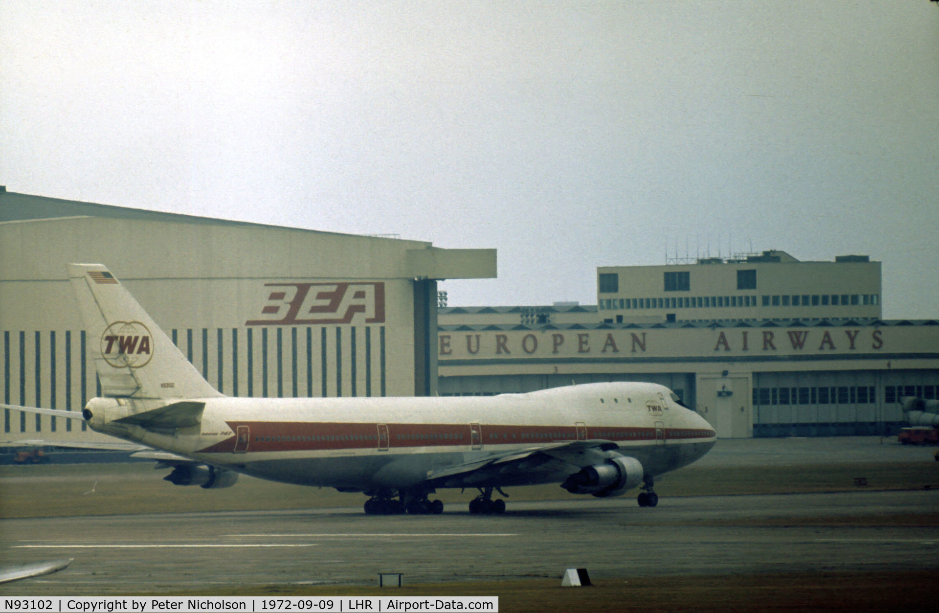 N93102, 1969 Boeing 747-131 C/N 19668, Trans-World Airways Boeing 747-131 taxying at Heathrow in September 1972.