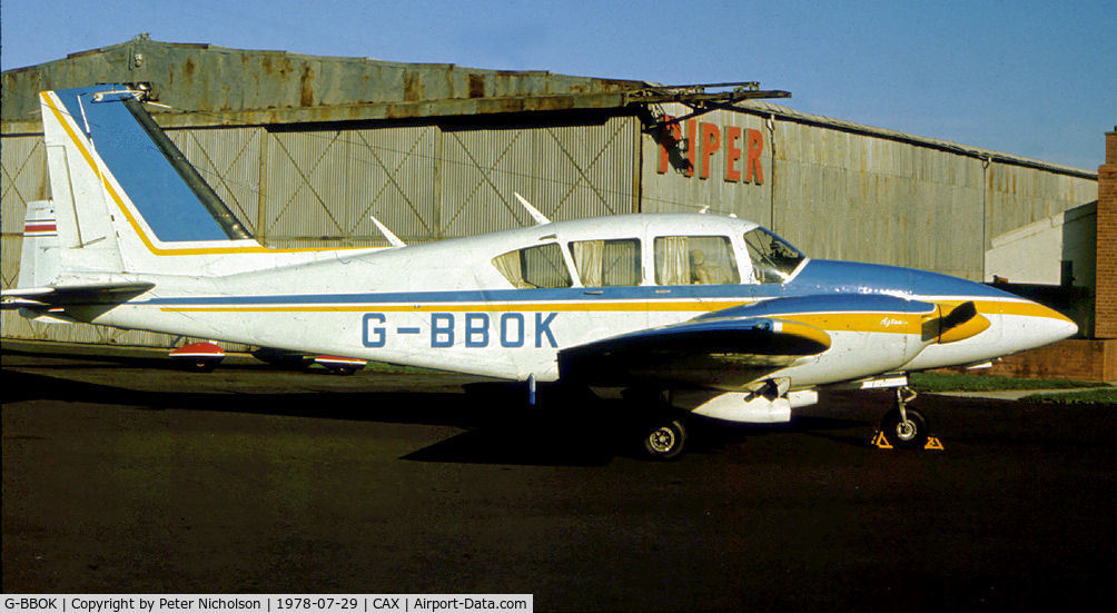 G-BBOK, 1973 Piper PA-E23-250 Aztec C/N 27-7305200, PA-23-250 Aztec of Clyde Forster Limited as seen at Carlisle in the Summer of 1978.