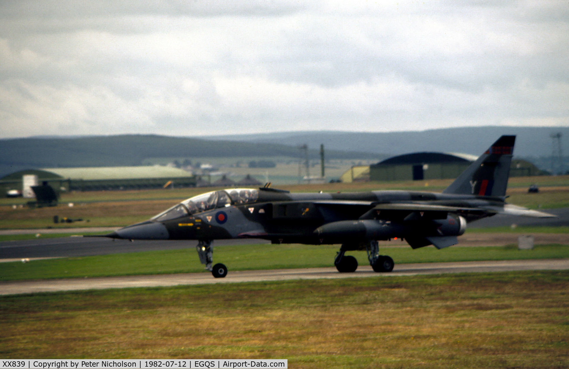 XX839, 1975 Sepecat Jaguar T.2A C/N B.27, Jaguar T.2 of 226 Operational Conversion Unit taxying at RAF Lossiemouth in the Summer of 1982.