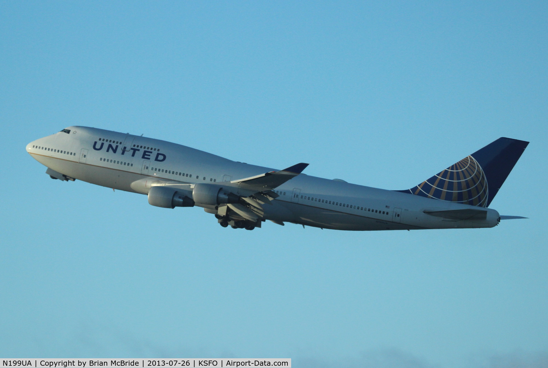 N199UA, 1997 Boeing 747-422 C/N 28717, United Airlines. 747-422. N199UA cn 28717 1126. Dusk departure. San Francisco - International (SFO KSFO). Image © Brian McBride. 26 July 2013
