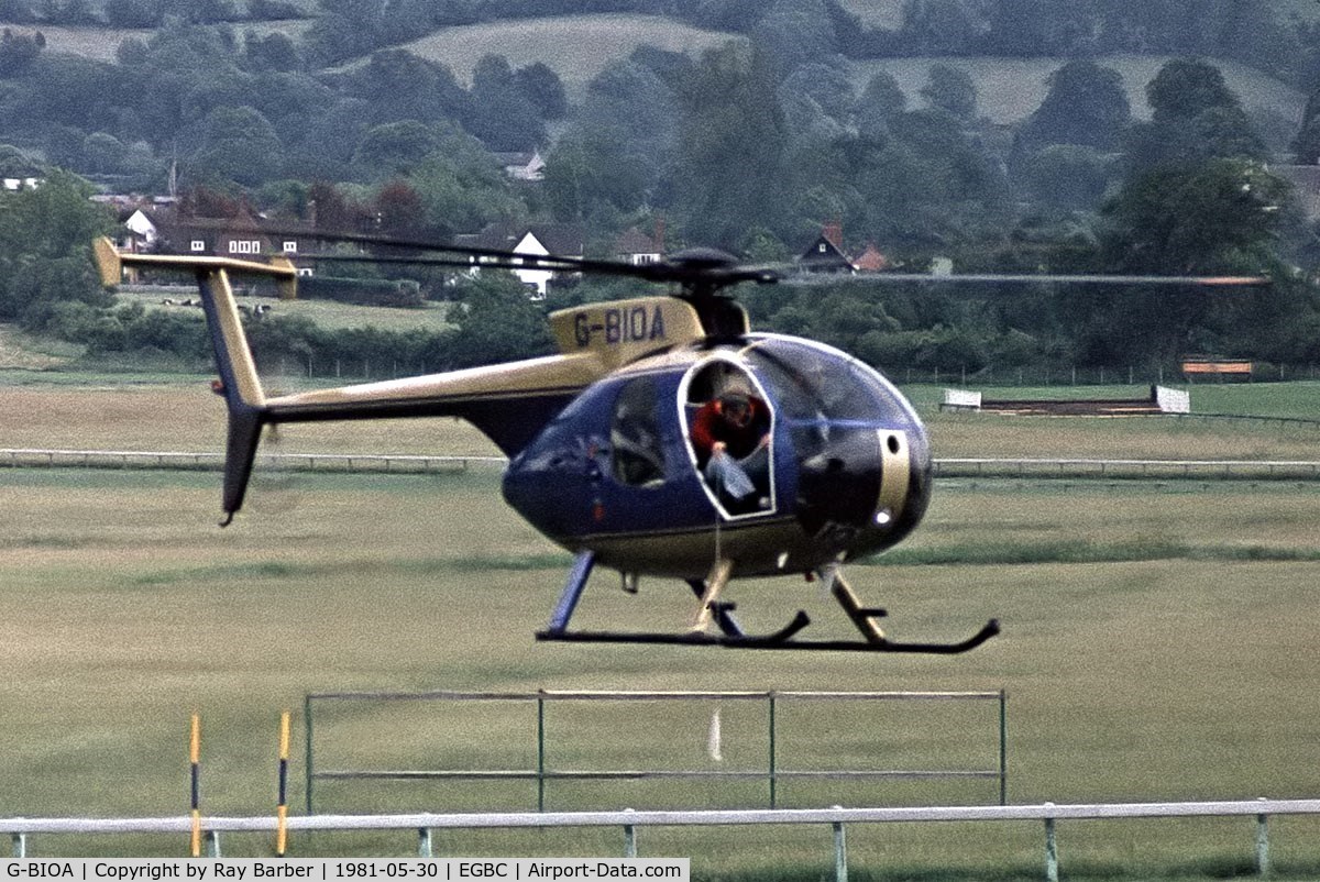 G-BIOA, 1980 Hughes 369D C/N 1200880D, Hughes 369D [120-0880D] Cheltenham Racecourse~G 30/05/1981. Taken from a slide.