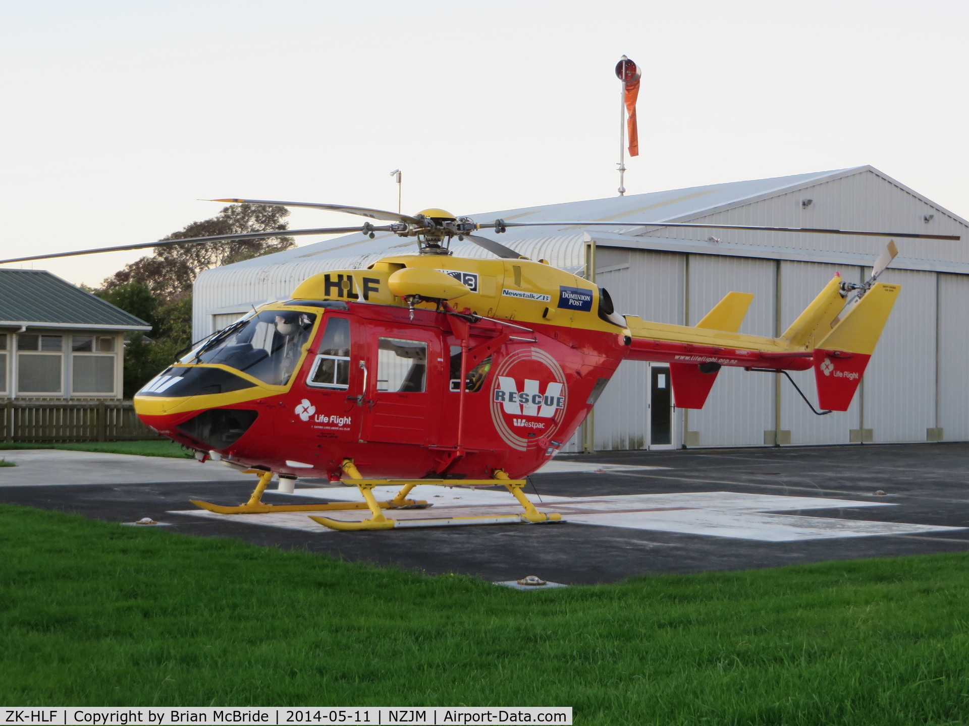 ZK-HLF, MBB-Kawasaki BK-117B-2 C/N 1070, Life Flight. Westpac Rescue Helicopter. MBB-Kawasaki BK-117B-2. ZK-HLF cn 1070. Palmerston North Hospital Heliport Airport (PMR NZJM). Image © Brian McBride. 11 May 2014