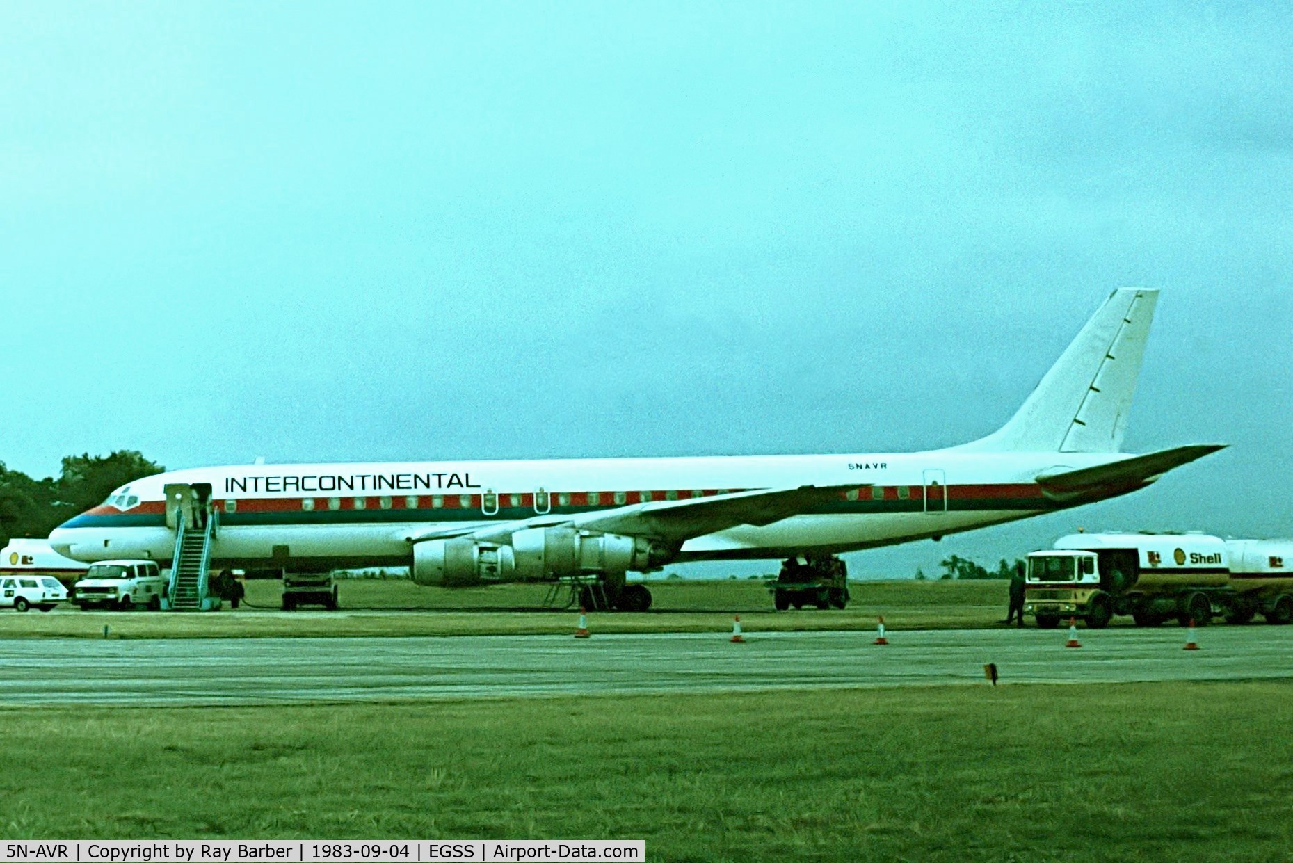 5N-AVR, 1965 Douglas DC-8-52 C/N 45758, Douglas DC-8-52 [45758] (Intercontinental Airlines) Stansted~G  04/09/1983. Taken from a slide.