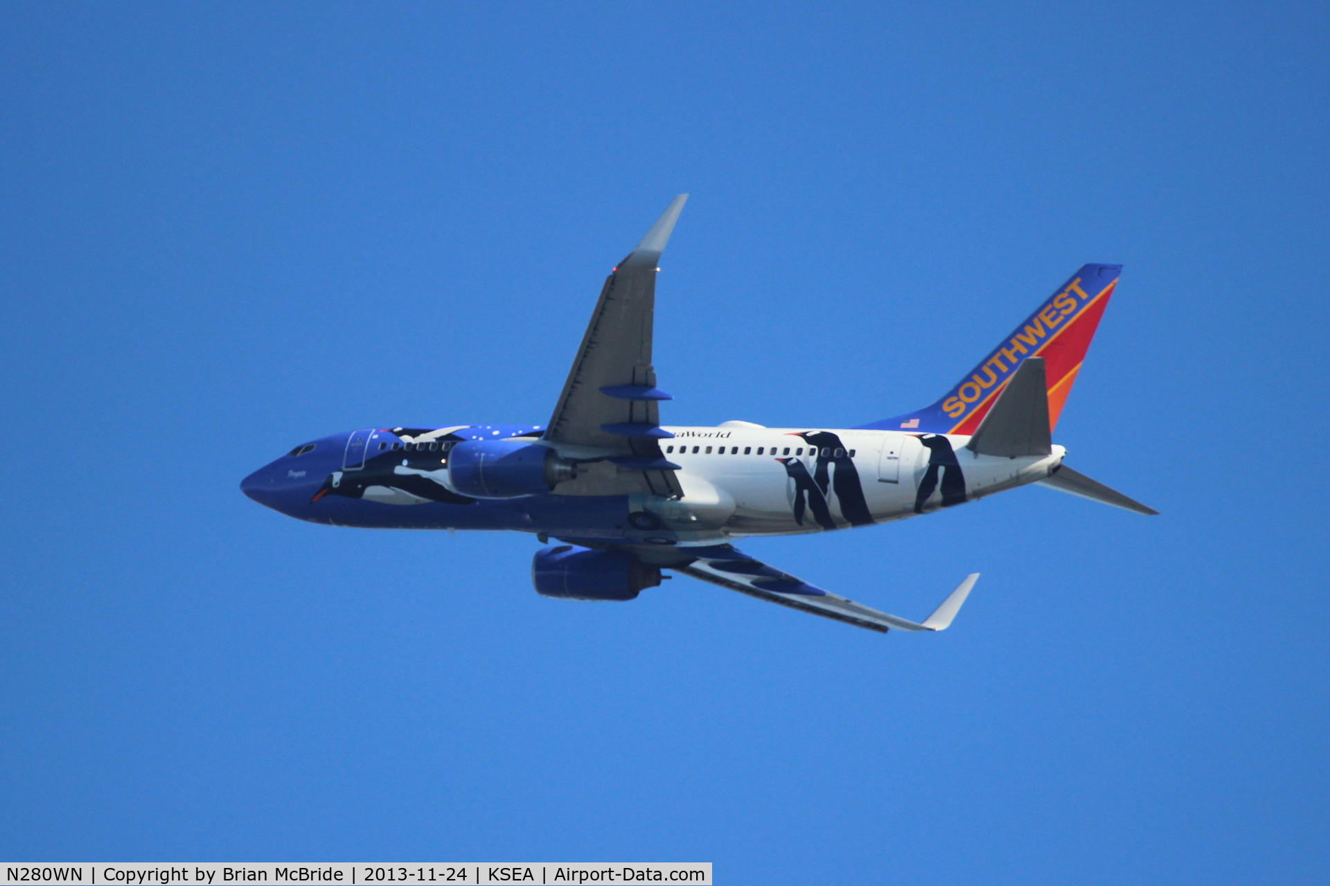 N280WN, 2007 Boeing 737-7H4 C/N 32533, Southwest Airlines. 737-7H4. N280WN cn 32533 2294. Penguin One. Seattle Tacoma - International (SEA KSEA). Image © Brian McBride. 24 November 2013