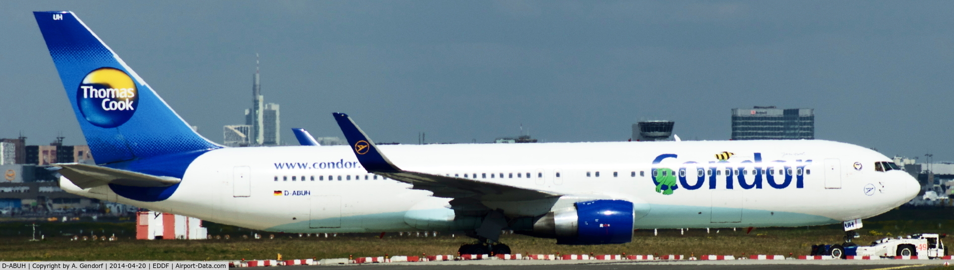 D-ABUH, 1994 Boeing 767-330/ER C/N 26986, Condor, is here under tow at Frankfurt Rhein/Main Int'l(EDDF)