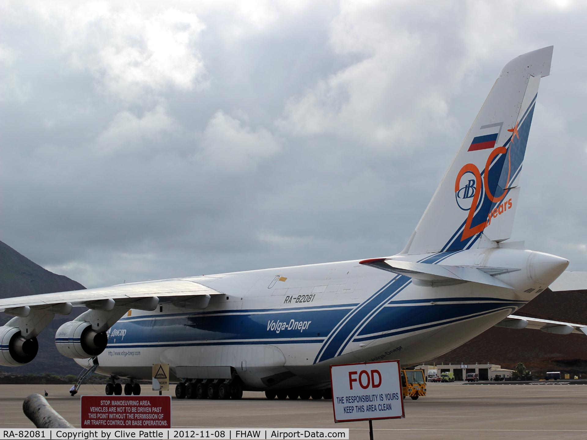 RA-82081, 2004 Antonov An-124-100M Ruslan C/N 9773051462165, On the ramp at Ascension Island - note anniversary markings on tail