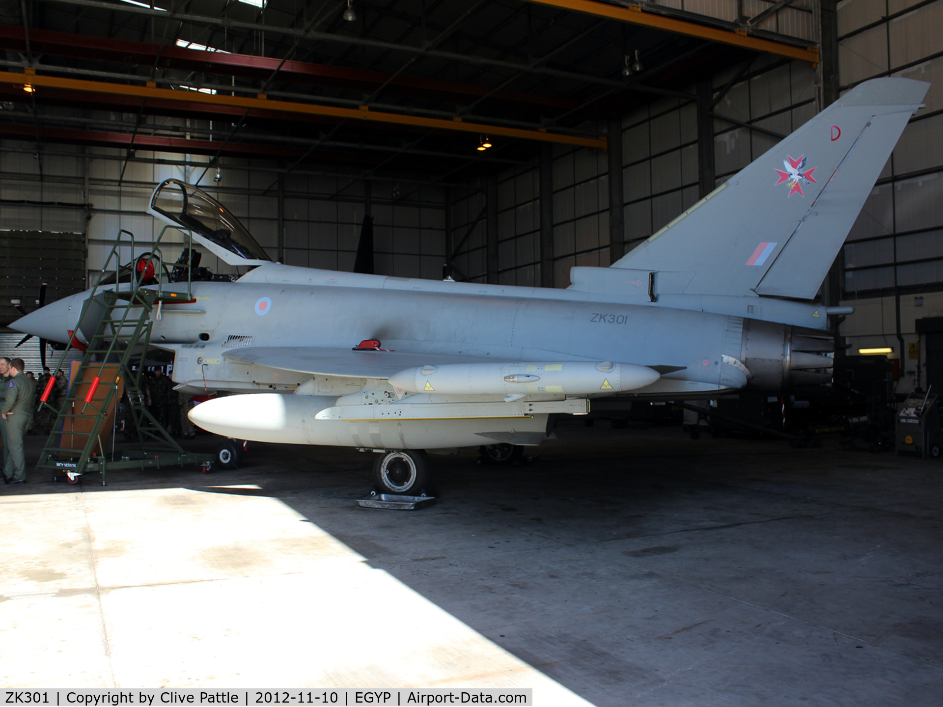 ZK301, 2009 Eurofighter EF-2000 Typhoon FGR4 C/N BS053, Pictured in hangar at RAF Mount Pleasant (EGYP) during a display laid on for Veterans of the Falklands War. ZK301 coded 'D' of 1435 Flt.