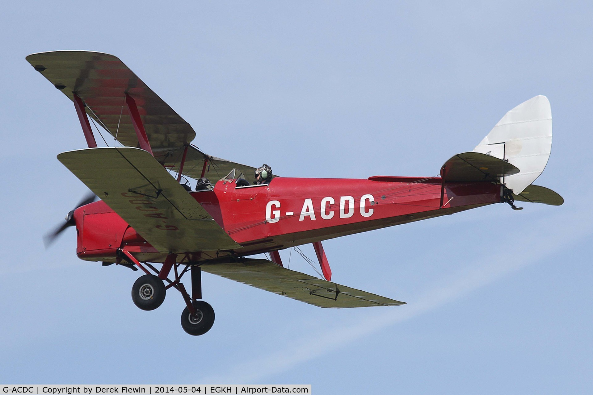 G-ACDC, 1933 De Havilland DH-82A Tiger Moth II C/N 3177, Seen overflying runway 28 at EGKH,  the second oldest flying Tiger Moth in the World.