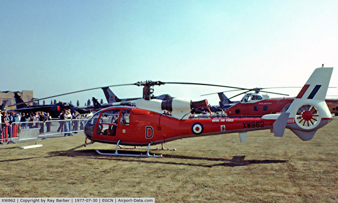 XW862, 1973 Westland SA-341D Gazelle HT3 C/N WA1104, Aerospatiale SA.341D Gazelle HT.3 [1104] (Royal Air Force) RAF Finningley~G 30/07/1977. From a slide.