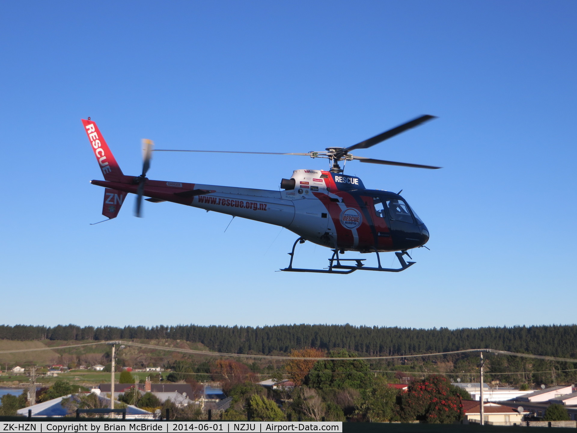 ZK-HZN, Aerospatiale AS-350BA Ecureuil C/N 1815, Palmerston North Rescue Helicopter. Aerospatiale AS 350BA. ZK-HZN cn 1815. Wanganui Hospital Heliport Airport (Wanganui NZ) NZJU. Image © Brian McBride. 01 June 2014