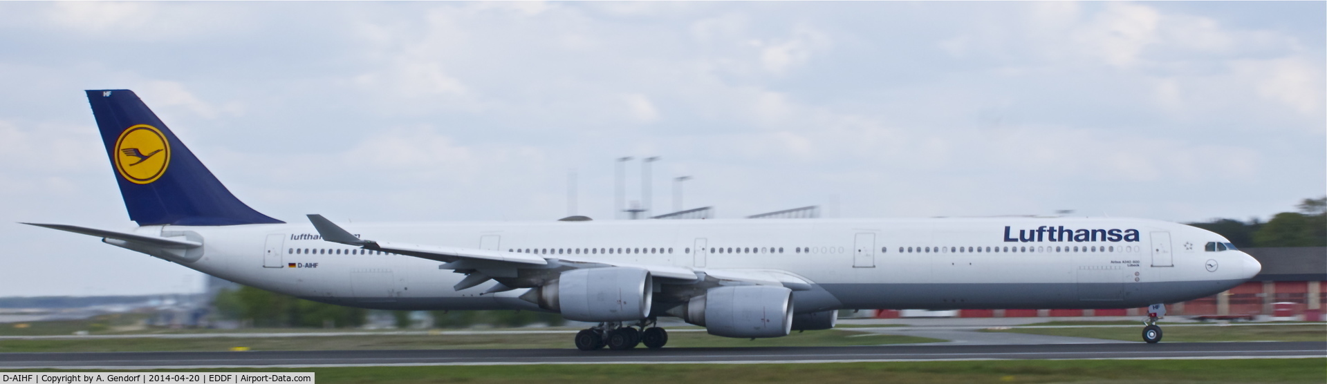 D-AIHF, 2003 Airbus A340-642 C/N 543, Lufthansa, is here departing at Frankfurt Rhein/Main Int'l(EDDF), bound for Bogota(SKBO)