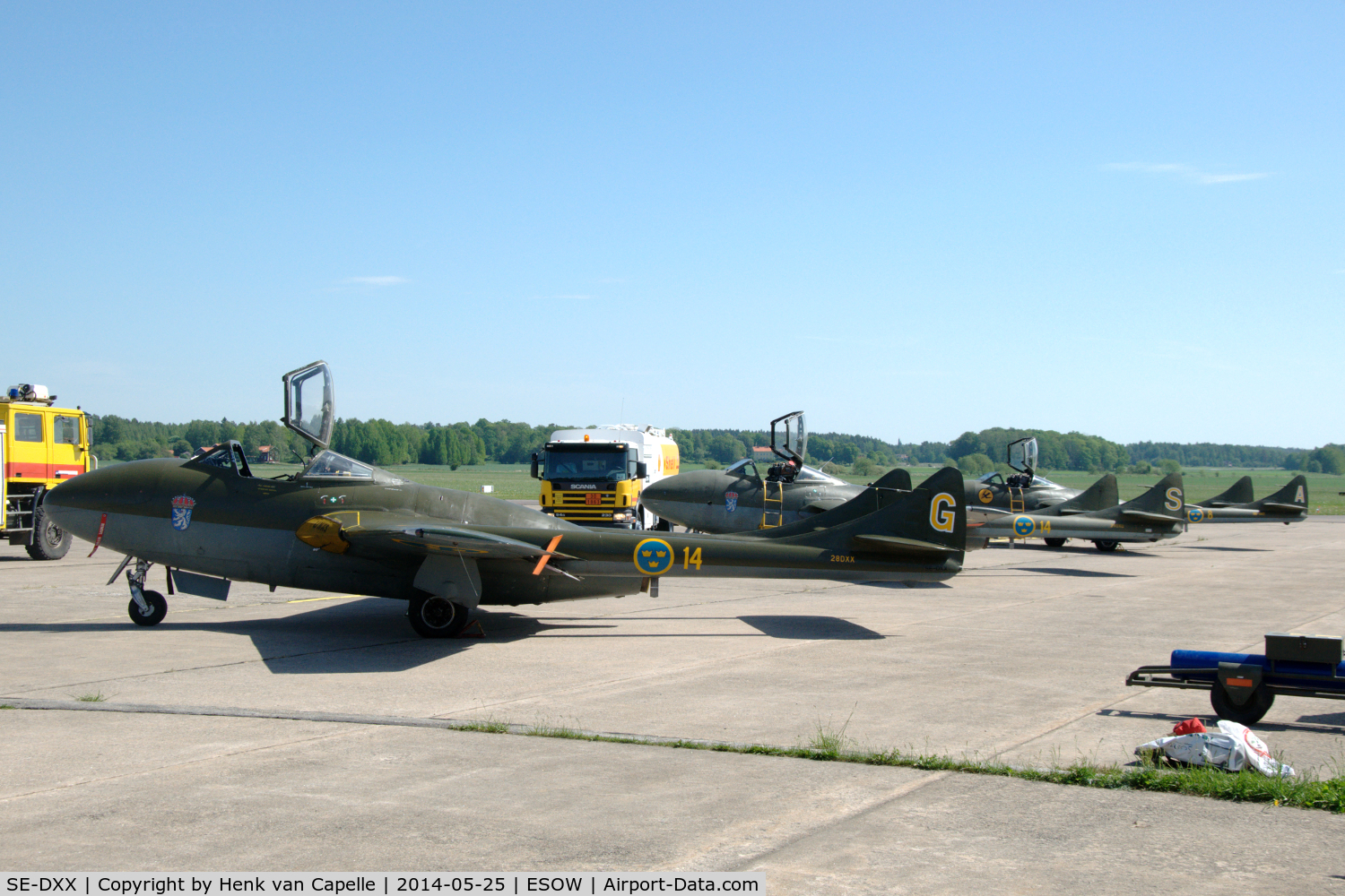 SE-DXX, 1953 De Havilland DH-115 Vampire T.55 C/N DHP 40303, What a sight: three Swedish Vampires at Västerås Hässlö airport for the 2014 Roll-out Air Show, with SE-DXX in front.