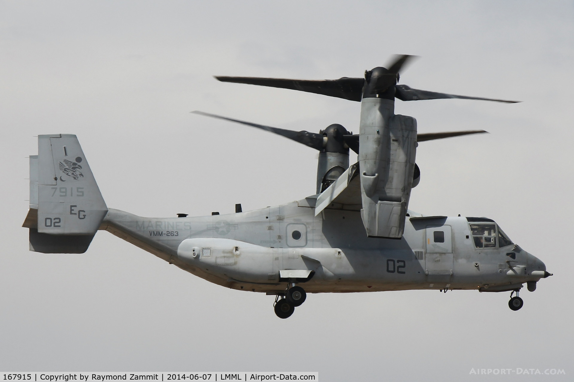 167915, Bell-Boeing MV-22B Osprey C/N D0126, Bell-Boeing V22 Osprey 167915/EG-13 of VMM263 United States Marine Corps coming in to land in Malta with very sick illegal emigrants on board.