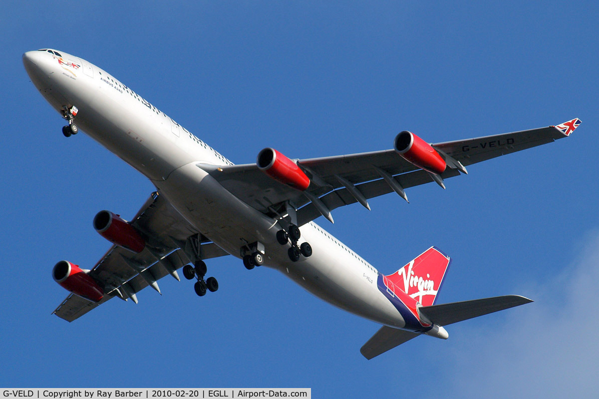 G-VELD, 1998 Airbus A340-313X C/N 214, Airbus A340-313X [214] (Virgin Atlantic) Home~G 20/02/2010. On approach 27R. Old scheme.